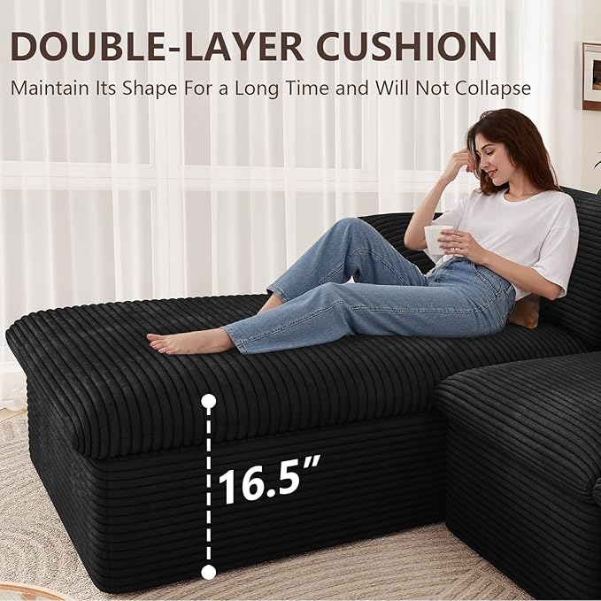 107 Inch Cloud Sectional Couch, Modern Modular Sectional Sofa with Deep Seat, Corduroy Boneless Couches with L-Shape Chaise for Living Room Bedroom, No Assembly Required (Black, Left Facing Chaise)