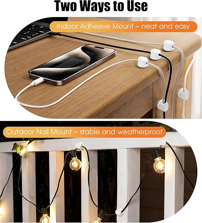 8 Pack Cord Organizer, Ω-Shaped Rotatable Cable Clips, Strong Adhesive Cable Management with Nails, Cord Holder for Nightstand, Desk, and Wall (White)