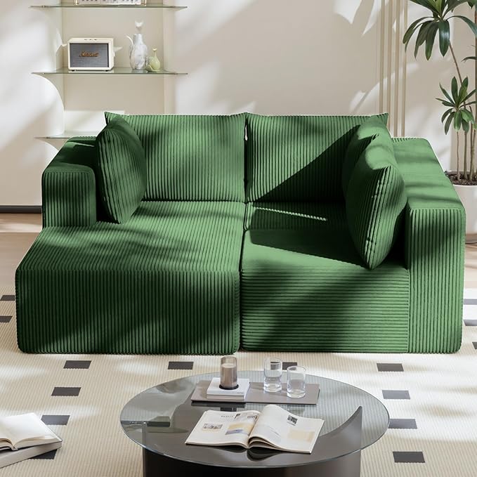 108" Boneless Couches for Living Room, Modular Cloud Couch Sofa - L Shap Corduroy Sectional Sofa, Fluffy Memory Foam Sleeper Sofa Furniture, No Assembly, Wide Armrest, Green