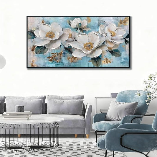 Ardemy White Floral Wall Art, Framed Teal Canvas Wall Art For Living Room Large Magnolia Pictures Wall Decor Flower Paintings Artwork for Walls Dining Room Bedroom Home Office 40"x20"