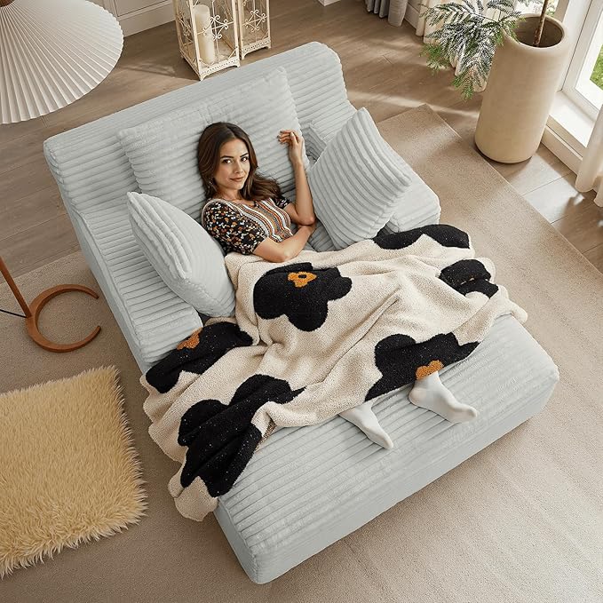 50 Inches Chaise Lounge Indoor, Oversized Chaise Lounge Chair with 3 Throw Pillows and Armrests, Corduroy Upholstered Plush Sofa Bed Lazy Chair Bed Sleeper Chair for Living Room Apartment (Light Grey)