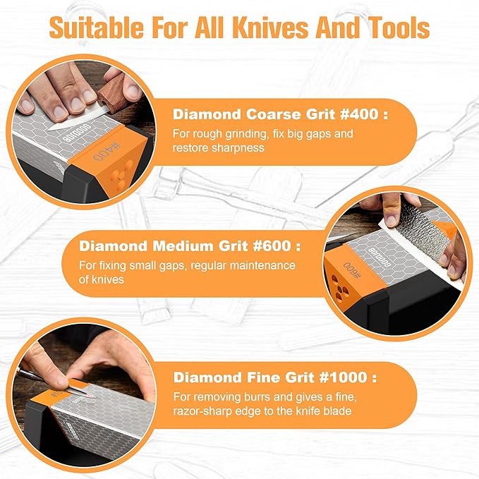 Extra Large Diamond Sharpening Stone Set 3 Side Grit 400/600/1000 Premium Industrial Diamond Knife Sharpener Suitable for Steel of any Hardness with Angle Guide and Non-Slip Base (GB-3DL)