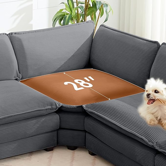 ROWHY 113'' Modular Sectional Cloud Corner Couch, 5 Seater L Shape Sofa Big Comfy Corduroy Oversized Couch with 2 Pillows Movable Ottoman, Deep Seat Sectional Couches for Living Room Office Dark Grey