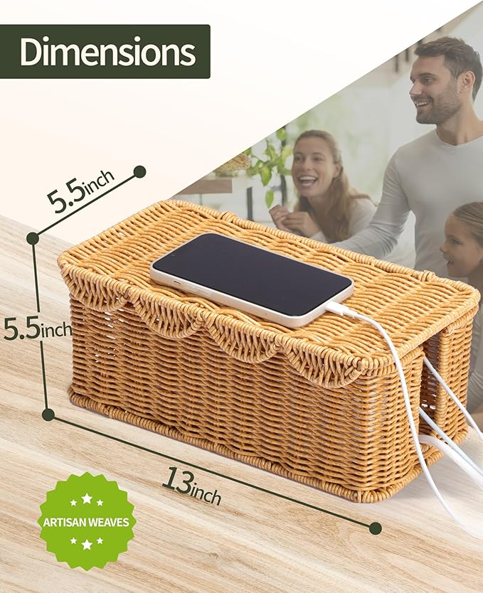 YECAYE Handwoven Rattan Style Cable Management WavyWeave Box, Decorative Storage Cord Organizer Box for Power Strips & Cords, Cord Hider for Home, Kids & Pet Safety, DIY-Friendly Cord Management