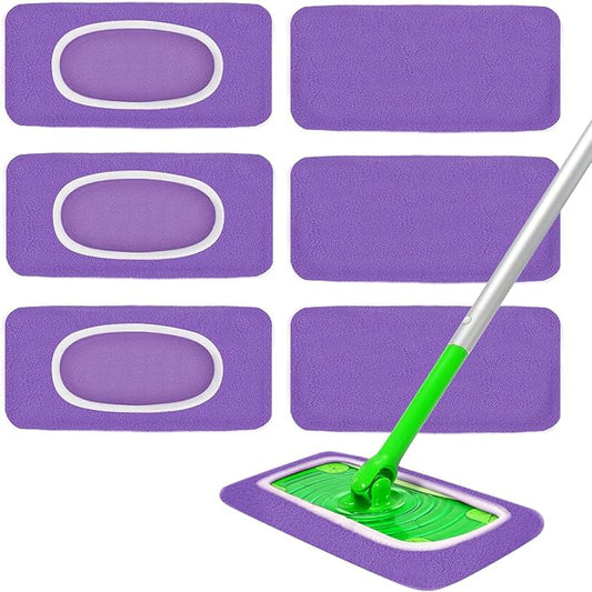6 Pack Reusable Microfiber Mop Pads - Compatible with Sweeper, Reusable Mop Pads, Washable Dry Cloths & Wet Pads Refill for Hardwood Laminate Tile Floor Cleaning (Purple, M)