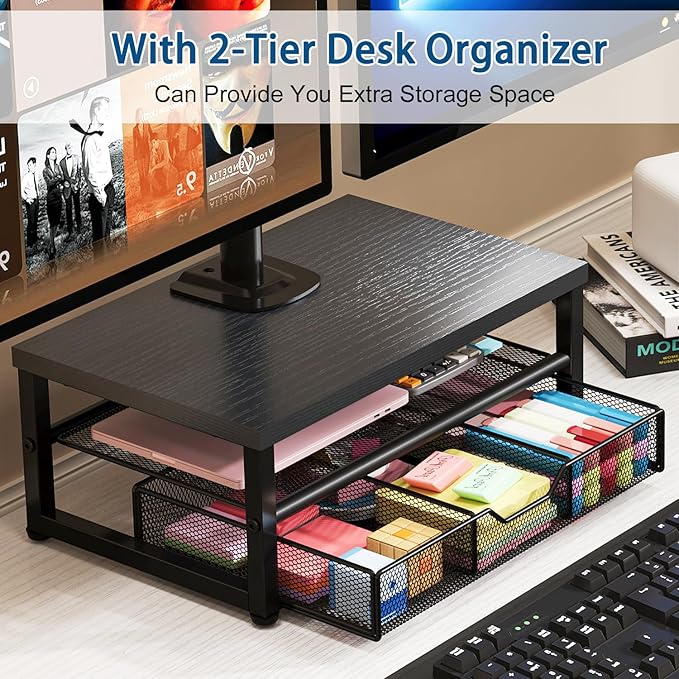 Dual Monitor Stand with Desk Organizer, Heavy Duty VESA Dual Monitor Arm Mount for 13″-27″ Computer Screens, Free-Standing Monitor Arms for 2 Monitors, Adjustable Height Angle, Loads 20Lbs/Arm, Black
