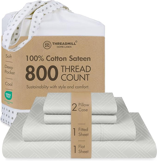 Threadmill King Size Sheets for King Mattress | 800 Thread Count Jacquard Celine Light Grey | Better Than Egyptian Cotton | 4 Pc Bed Sheets | Damask Sheet Fits 16'' Deep Pocket | 100% Cotton Sheets