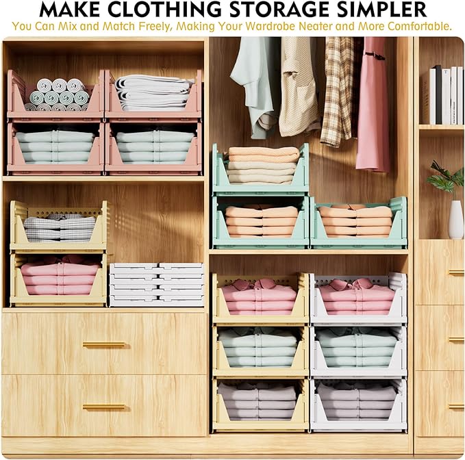 SNSLXH 5 Pack Stackable Closet Organizer Box, Multifunctional & Foldable Closet Storage Basket for Bathroom Kitchen Laundry Room Wardrobe Storage, Space-Saving Clothes Storage Drawer Organizer, Green