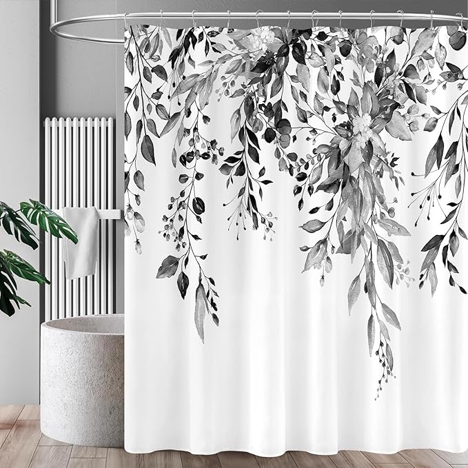 Extra Long Eucalyptus Shower Curtain 72 x 96 Inch, Black and White Botanical Floor to Ceiling X-Long Shower Curtain, Watercolor Plant Leaves with Floral Decorative Bathroom Curtain with Hooks
