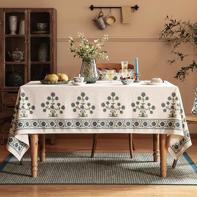 patdrea Designer Linen Vintage Blue Rectangle Tablecloth,Leaves Pattern Durable Floral Table Cloth,French Table Cover Cloth Decor for Kitchen Dining,Christmas,Thanksgiving,Party,63"x87"-Ivar B
