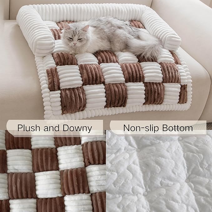Couch Covers for Dogs and Cats, Fuzzy Dog Sofa bed with Cream Square Plaid, Plush Pet Couch Cover Bed, Thickened Quilted Furniture Protector Mat for Large Medium Pets (Dark Brown 35.43"*35.43")