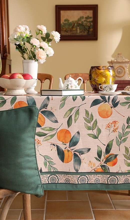 patdrea Designer Vintage Linen Rectangle Table Cloth,Framhouse Oranges and Leaves Pattern French Extra Long Tablecloth,Decor Cover for Kitchen Dining Christmas,Thanksgiving,67"x118"-Palladin a
