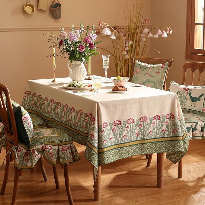 patdrea Designer Vintage Linen Rectangle Table Cloth,Floral Leaves Pattern Anti-Wrinkle Green Tablecloth,Decor Table Cover for Kitchen Dining Christmas,Party,Thanksgiving,63"x87"-Cecilia D