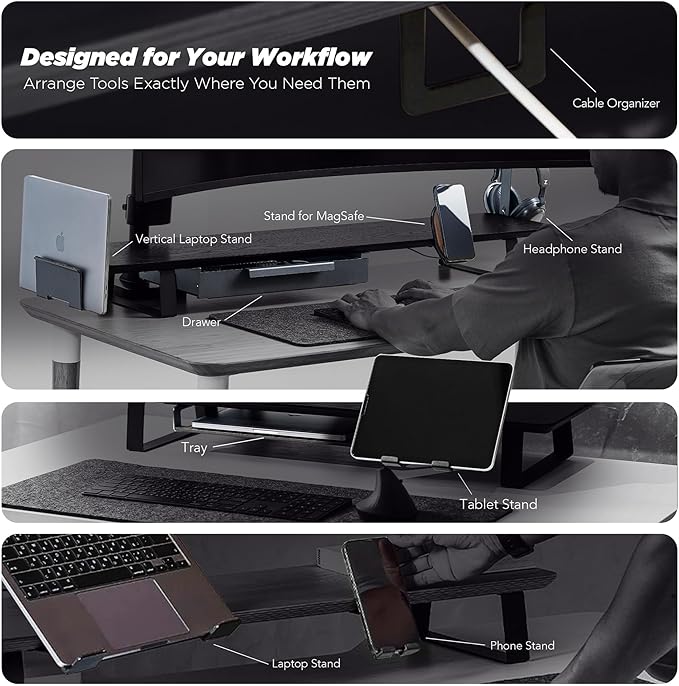 Moodular Wooden Monitor Stand 33.4” (85cm) Desk Organizer with Metal Slide Rails for Drawer, Tray, Laptop, Tablet, Phone & Headphones Customizable Riser for Organized Workspace Walnut MS85-W