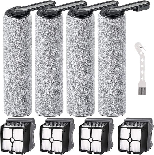 Brush and Filters Replacement Parts Accessories Compatible for Tineco Floor ONE S5/Floor One S5 Pro Cordless Vacuum Cleaner, 4 Roller Brushes, 4 Filters