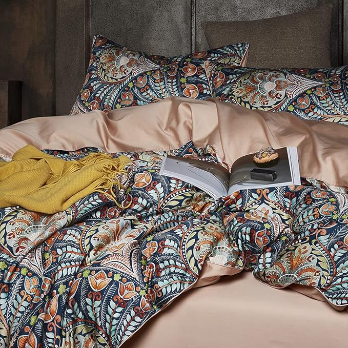 Cupocupa Queen Duvet Cover Set, Modern Industrial Luxury Bedding with Zipper Closure & Corner Ties, Soft Breathable Navy Teal Orange Floral Comforter Cover for Bedroom Guest Room Vintage Paisley