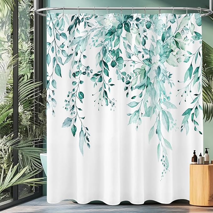 Extra Long Eucalyptus Shower Curtain 72 x 96 Inch, Teal Botanical Floor to Ceiling X-Long Shower Curtain, Watercolor Plant Leaves with Floral Decorative Bathroom Curtain with Hooks