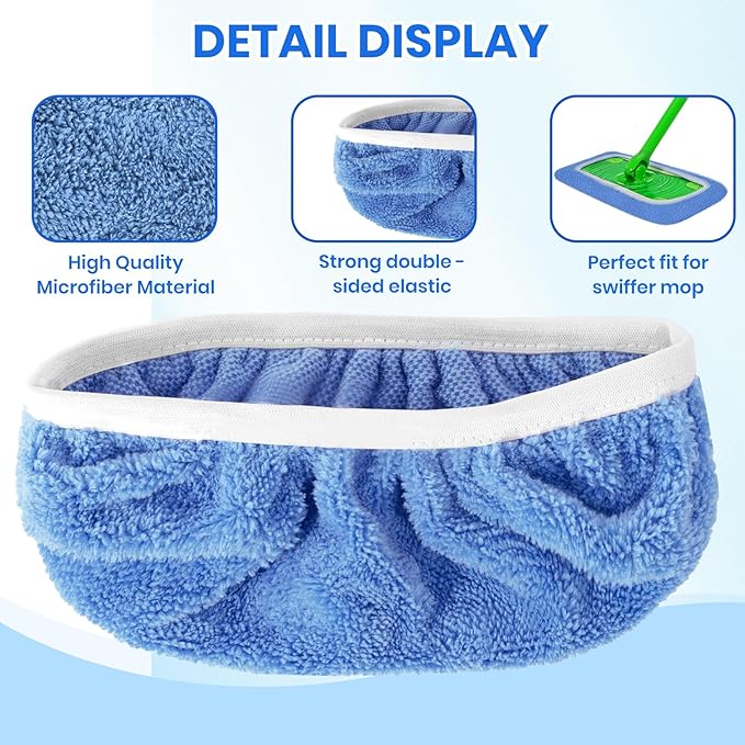 6 Pack Reusable Microfiber Mop Pads - Compatible with Sweeper, Reusable Mop Pads, Washable Dry Cloths & Wet Pads Refill for Hardwood Laminate Tile Floor Cleaning (Blue, M)