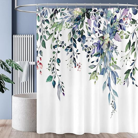 Extra Long Eucalyptus Shower Curtain 72 x 96 Inch, Green Botanical Floor to Ceiling X-Long Shower Curtain, Watercolor Plant Leaves with Floral Decorative Bathroom Curtain with Hooks