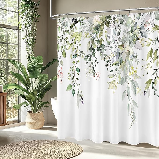 Extra Long Eucalyptus Shower Curtain 72 x 96 Inch, Sage Green Botanical Floor to Ceiling X-Long Shower Curtain, Watercolor Plant Leaves with Floral Decorative Bathroom Curtain with Hooks