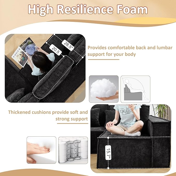 108'' Comfy Chenille Boneless Couch, Oversized Modular Sectional 4 Seater Sofa, Modern Deep Seat Corner Cloud Compressed Couch, No Assembly Sleeper Sofa with Chaise for Living Room, Black