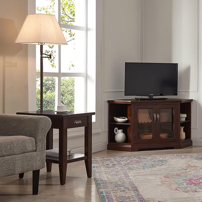 Laurent Solid Wood Side Table with Built-In Swing Arm Lamp and Drawer, Chocolate Cherry Brown, Perfect for Living Rooms, Offices, and Small Spaces – Leick Home, 10537