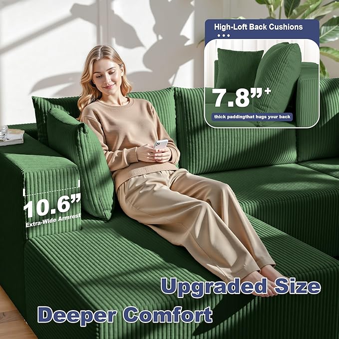 108" Boneless Couches for Living Room, Modular Cloud Couch Sofa - L Shap Corduroy Sectional Sofa, Fluffy Memory Foam Sleeper Sofa Furniture, No Assembly, Wide Armrest, Green