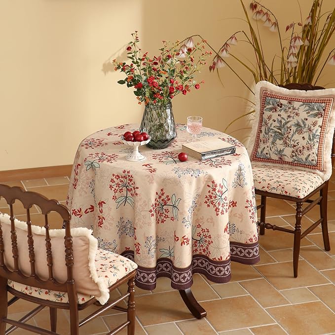 patdrea Designer Vintage Linen Table Cloth for Round Table,Red Floral Durable Breathable Tablecloth,Dacorative for Kitchen Dining,Holiday,Christmas,Thanksgiving,Tea Party,Diameter 55"-Newmari