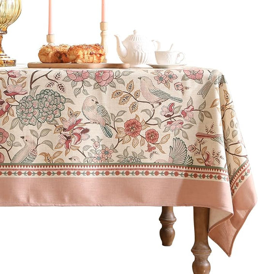 patdrea Designer Pink Linen Table Cloth for Sqaure Table,French Tablecloth with Birds Pattern,Small Colorful Decoration Cover for Kitchen Dining,Christmas,Party,Thanksgiving,67"x67"-Kulom a