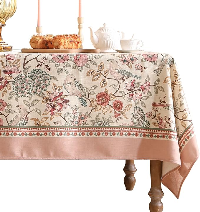 patdrea Designer Pink Linen Table Cloth for Rectangle Table,Vintage Floral with Birds Pattern Decorative Tablcloth,French Table Cover for Kitchen Dining,Thanksgiving,Christmas,63"x94"-Kulom a
