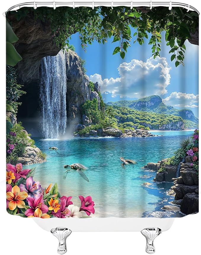 Ocean Waterfall Shower Curtain Tropical Coastal Rainforest Sea Turtle Beach Flower Leaves Mountain Jungle 70" Wx70 H Fabric Bathroom Decor Curtain with Hooks