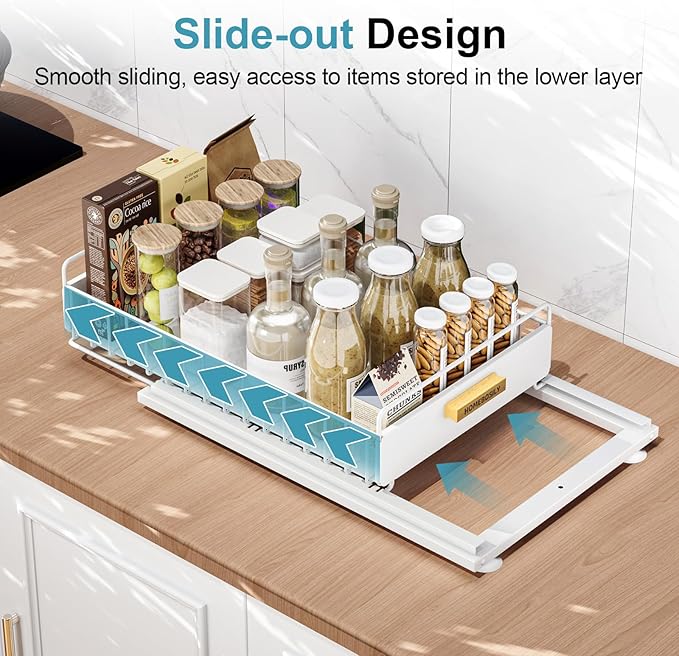Under Sink Organizer, 2 Pack Pull Out Kitchen Cabinet Organizer, Mute Slide-Out Under Sink Organizers and Storage, Metal Kitchen Bathroom Organizers and Storage Shelves, White