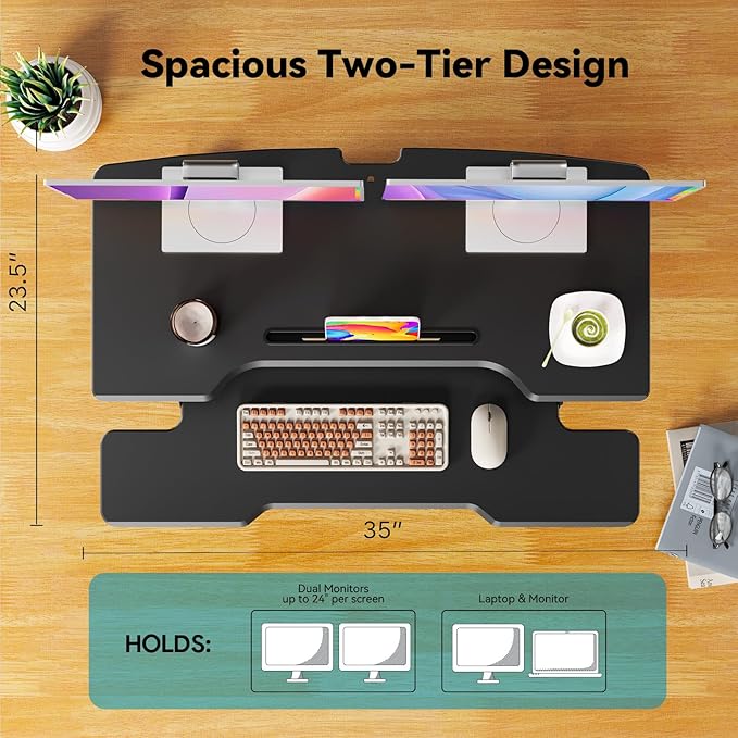 35" Standing Desk Converter, Height Adjustable Desktop Riser with Keyboard Tray for Two Monitors, Sit to Stand up Computer Workstation for Home Office, Black