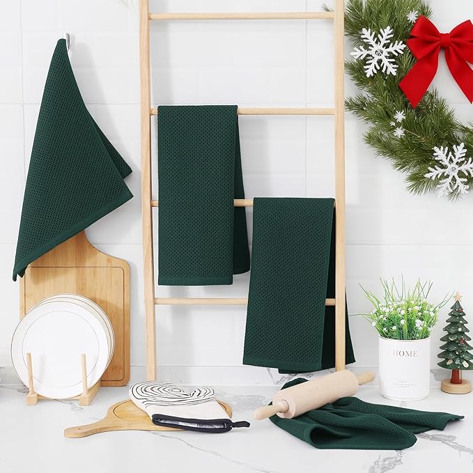 Homaxy 100% Cotton Waffle Weave Kitchen Dish Towels, Ultra Soft Absorbent Quick Drying Cleaning Towel, 13 x 28 Inches, 12-Pack, Blackish Green