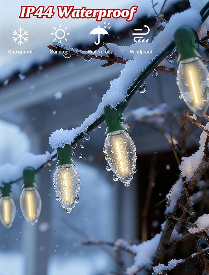 SUNSGNE C9 LED Christmas Lights Outdoor, Christmas Outdoor Lights with 27 LED Warm White Bulbs(2 Spare) for Xmas Holidays Roofline Patio Garden Party Wedding Decor