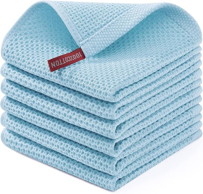 Homaxy 100% Cotton Waffle Weave Kitchen Dish Cloths, Ultra Soft Absorbent Quick Drying Dish Towels, 12 x 12 Inches, 6-Pack, Sky Blue