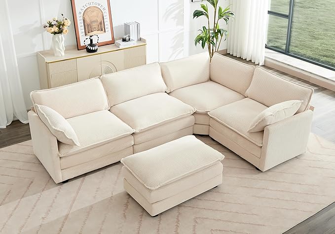 ROWHY 113'' Modular Sectional Cloud Couch, 5 Seater Corner Sofa Big Comfy Corduroy Oversized L Shaped Couch with 2 Pillows, Chaise, Ottoman, Deep Seat Sectional Couches for Living Room Office, Beige