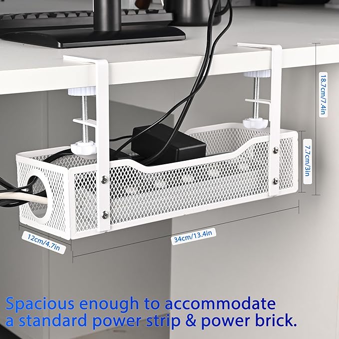 Under Desk Cable Management Tray Small – Clamp-Mounted Wire Organizer & Cord Management Under Desk Holder, No-Drill Metal Cable Tray for Home Office (White)