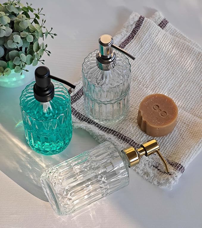 JASAI 18 Oz Embossed Clear Glass Soap Dispenser with Rust Proof Pump, Refillable Dish soap Dispenser for Kitchen, Premium Bathroom Soap Dispenser for Hand soap, Lotion (Clear).
