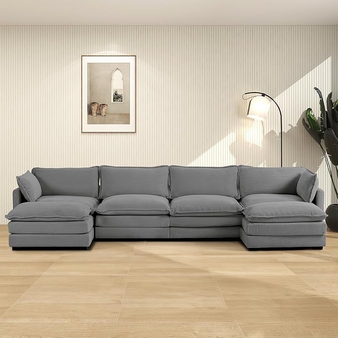 ROWHY 148'' Sectional Cloud Couch with 2 Ottomans, Oversized 4 Seat Sleeper Sofa with 2 Throw Pillows, Convertible Upholstered U Shaped Cozy Sofa Furniture Set for Living Room and Office, Dark Grey