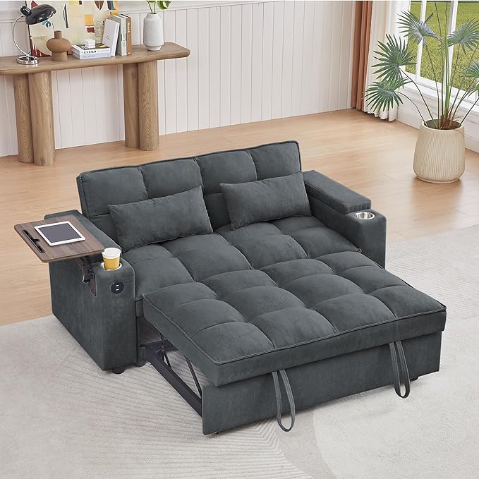 65'' Convertible Sleeper Sofa Bed with Adjustable Backrest, Chaise Lounge, Side Table & USB/Type-C Ports – Stylish & Functional Addition to Any Living Room (Drak Grey)