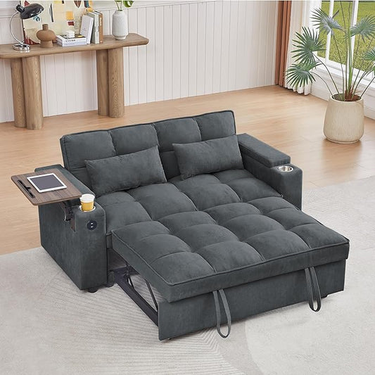 65'' Convertible Sleeper Sofa Bed with Adjustable Backrest, Chaise Lounge, Side Table & USB/Type-C Ports – Stylish & Functional Addition to Any Living Room (Drak Grey)
