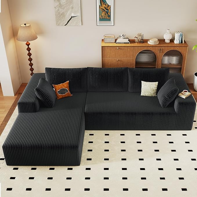 96" Modular Sectional Couch, Boneless L Shaped Cloud Sofa with Chaise Lounge, Corduroy Upholstered Couches Memory Foam Deep Seat, No Assembly Required, Ideal for Living Room(Black, Left Facing)