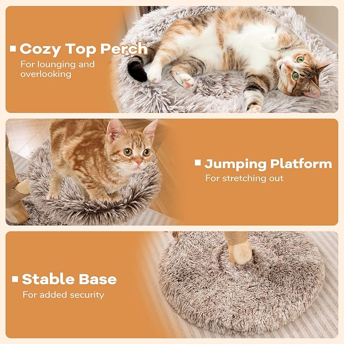 Tangkula Solid Wood Cat Tree, Modern Cat Tower with Scratching Post, Luxurious Perch & Platform, Teasing Rope, Natural Pear Wood, Soft Long Plush, Cute Cat Tree for Indoor Kittens