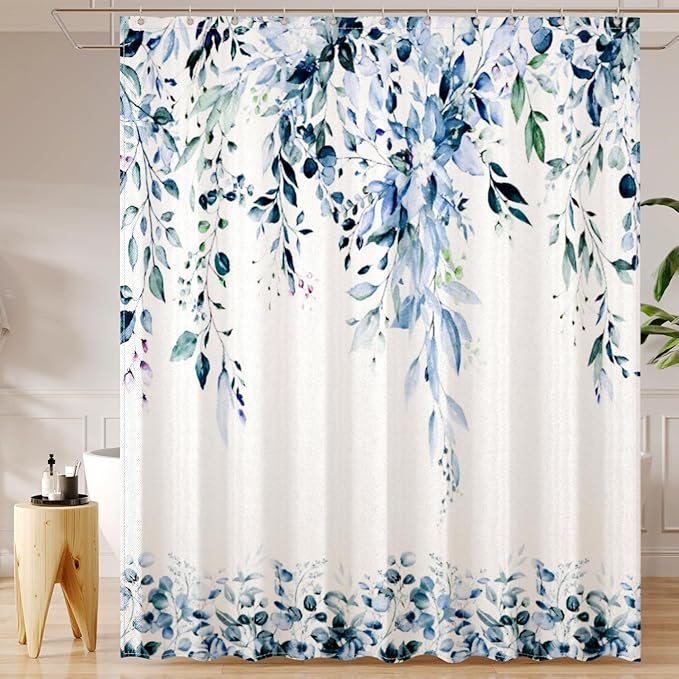 Blue Eucalyptus Leaves Shower Curtain for Bathroom:Aesthetic Art Watercolor Plant Shower Curtains Sets with Hooks,Waterproof Fabric Decor 72x72 inches.