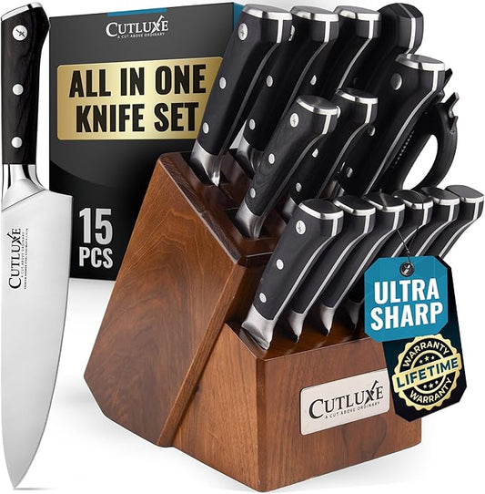 Cutluxe 15-Piece Knife Set – Premium Acacia Wood Block – Knife Set for Kitchen, Ultra Sharp High Carbon German Stainless Steel, Full Tang – Artisan Series