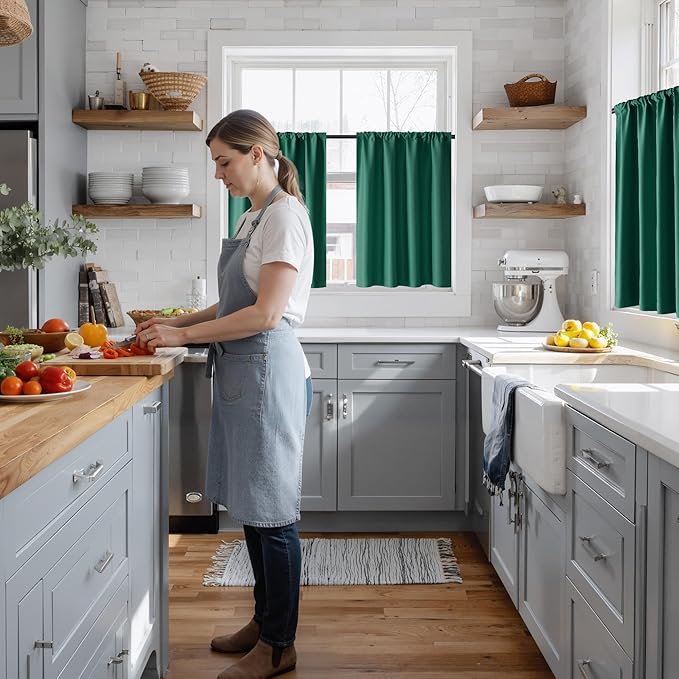 RYB HOME 100% Blackout Short Curtains for Small Window, Thermal Insulated Total Room Darkening Noise Reducing Curtains for Kitchen Bathroom Basement, 34 inches Wide by 48 inches Long, Dark Green