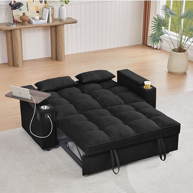 65'' Convertible Sleeper Sofa Bed with Adjustable Backrest, Chaise Lounge, Side Table & USB/Type-C Ports – Stylish & Functional Addition to Any Living Room (Black)