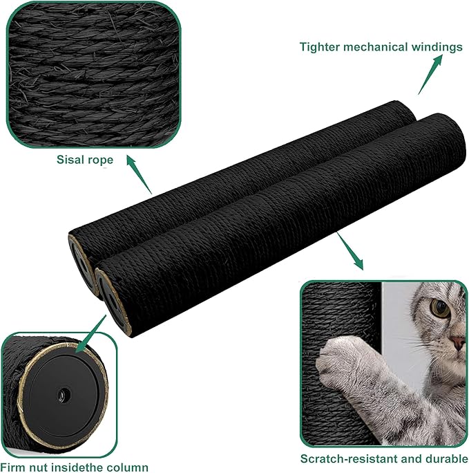 Cat Scratching Post Replacement Pole, Black,2 PCS 15.7in Cat Tree Replacement Post, Natural Sisal Cat Tree Replacement Parts with M8 Screws, Cat Scratch Post Replacement for Refurbishment