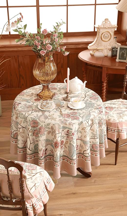 patdrea Designer Vintage Round Tablecloth,Pink Linen Table Cloth with Birds Pattern,Colorful Decoration French Table Cover for Kitchen Dining,Thanksgiving,Party,Christmas,Diameter 55"-Kulom a